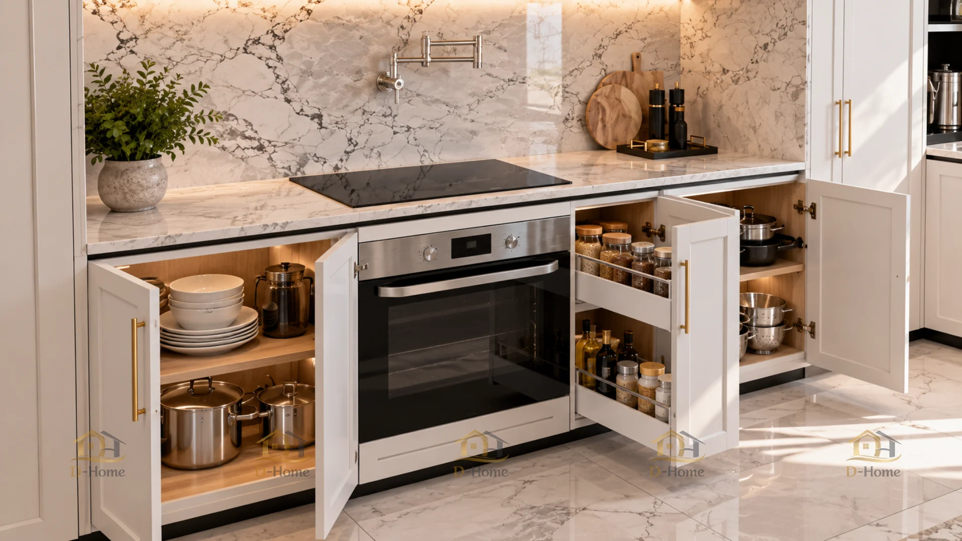 Tủ bếp được bố trí nhiều khu vực lưu trữ