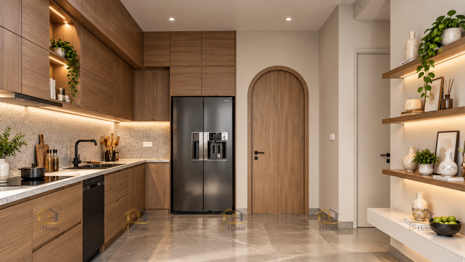 Khu vực bếp được bố trí theo dạng chữ L, tận dụng hai mặt tường để tăng diện tích lưu trữ