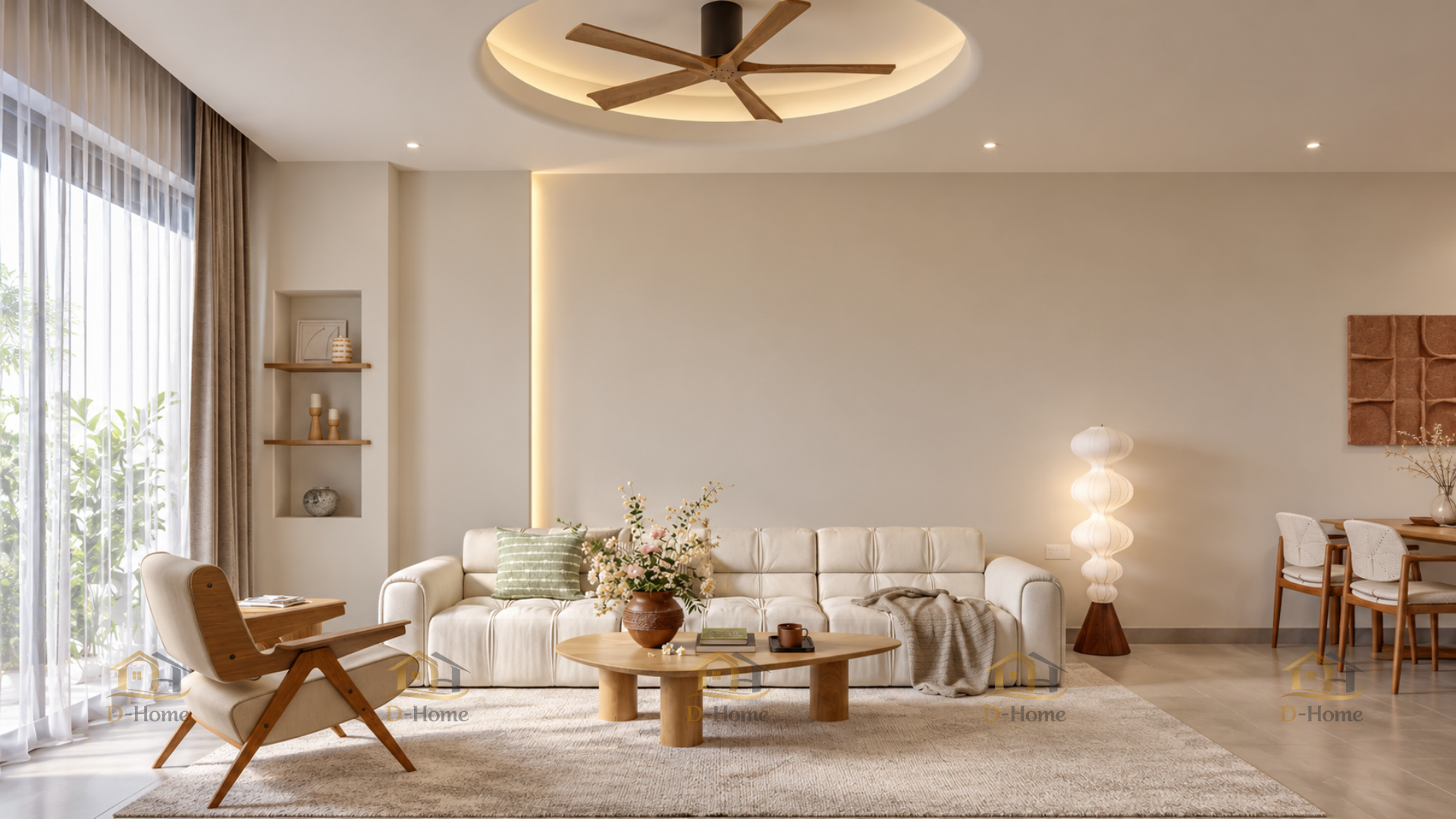 Phòng khách liên thông bếp nhà phố Q2 của chị B được D-Home thiết kế và thi công theo phong cách hiện đại