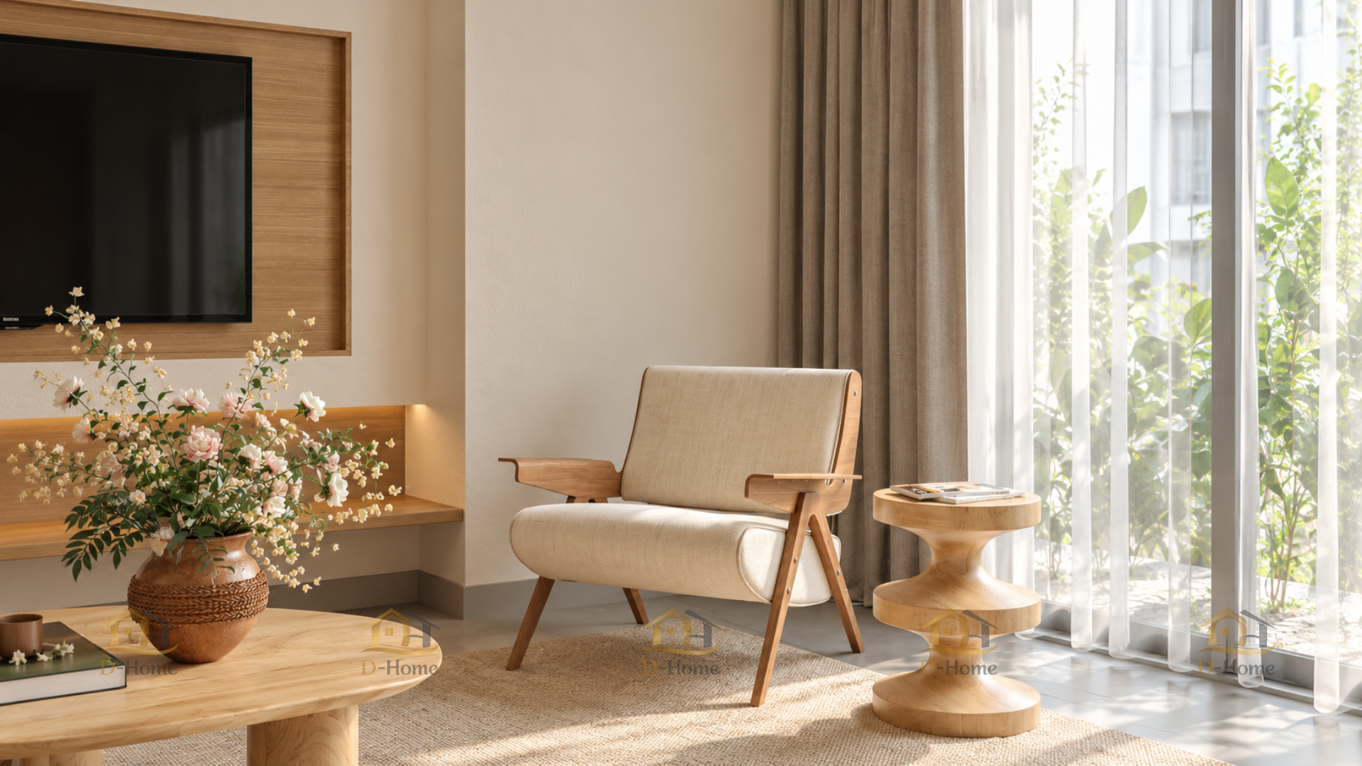 Phòng khách liên thông bếp nhà phố Q2 của chị B được D-Home thiết kế và thi công theo phong cách hiện đại