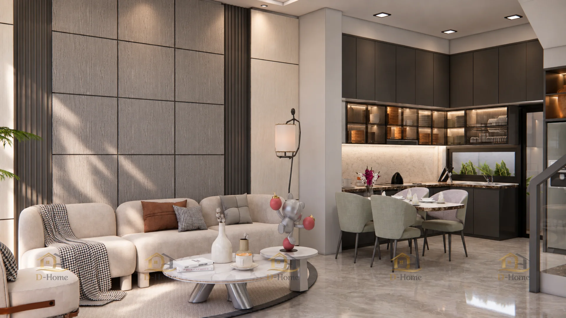 thiết kế phòng khách liền bếp giúp tận dụng diện tích và tạo sự liên kết giữa khu vực tiếp khách, ăn uống và nấu nướng