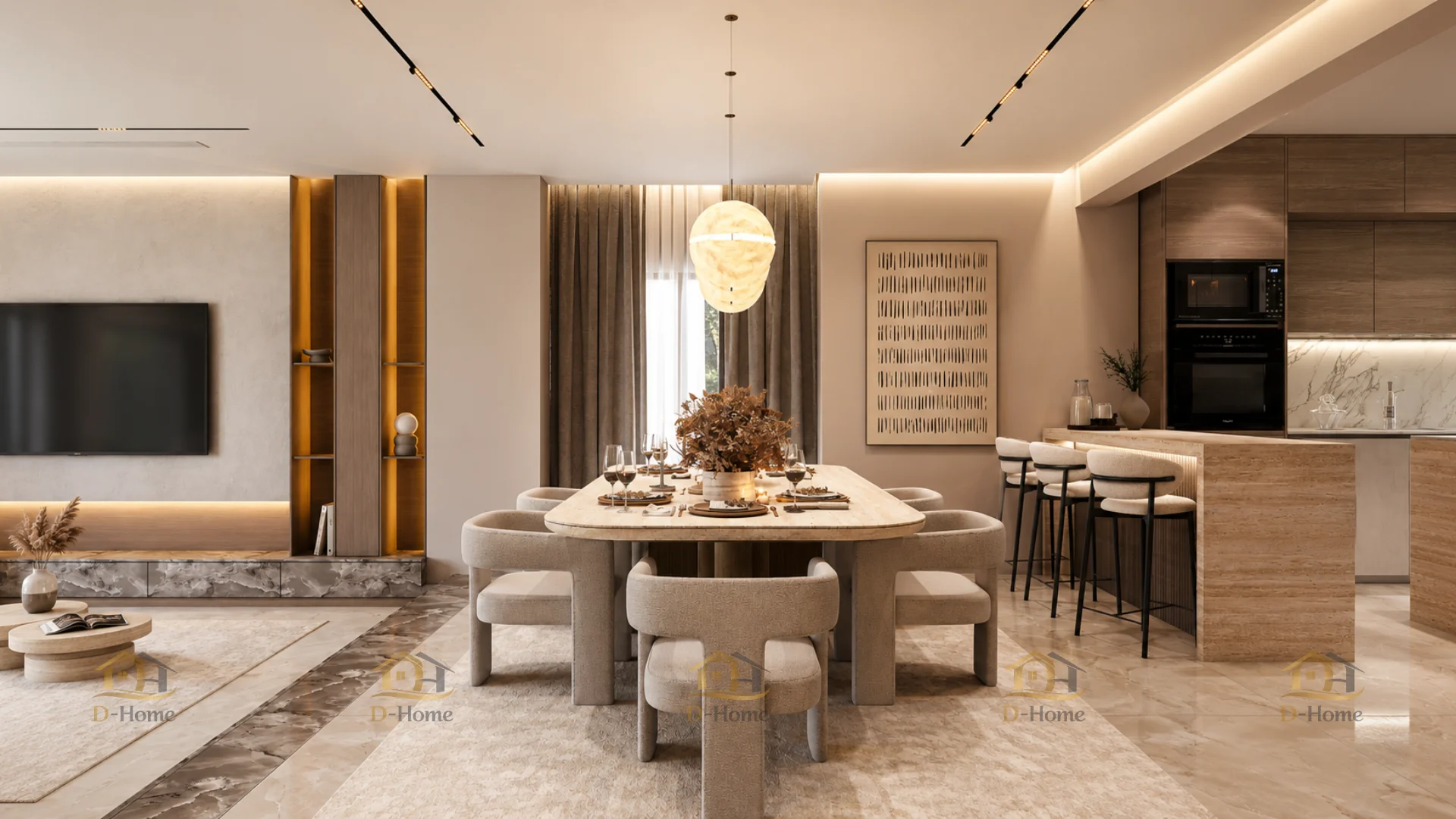 Đảo bếp, bàn ăn, quầy bar, lam gỗ, vách kính hoặc tủ thấp đều có thể trở thành điểm chuyển tiếp giữa hai khu vực