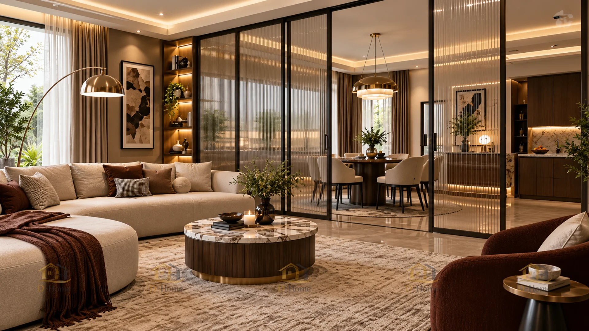 Phòng khách liên thông bếp ngăn cách bởi lam gỗ đơn giản hiện đại
