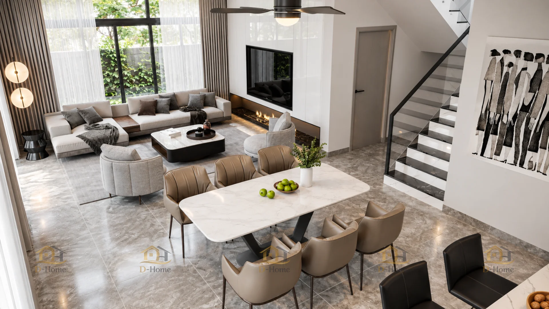 Thiết kế phòng khách và bếp thông nhau có thể giúp gia chủ giảm một phần chi phí dành cho tường ngăn