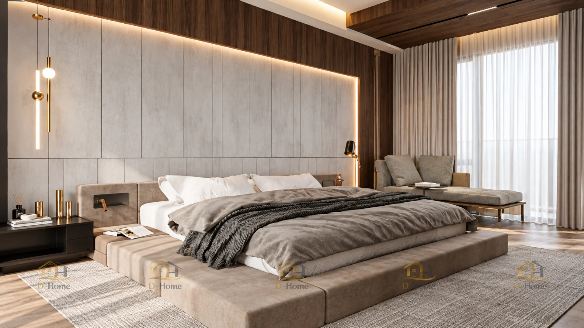 D-Home định hướng thiết kế nội thất phòng ngủ với diện tích khoảng 50m², tập trung vào sự tiện nghi, riêng tư và cảm giác thư giãn cho gia chủ