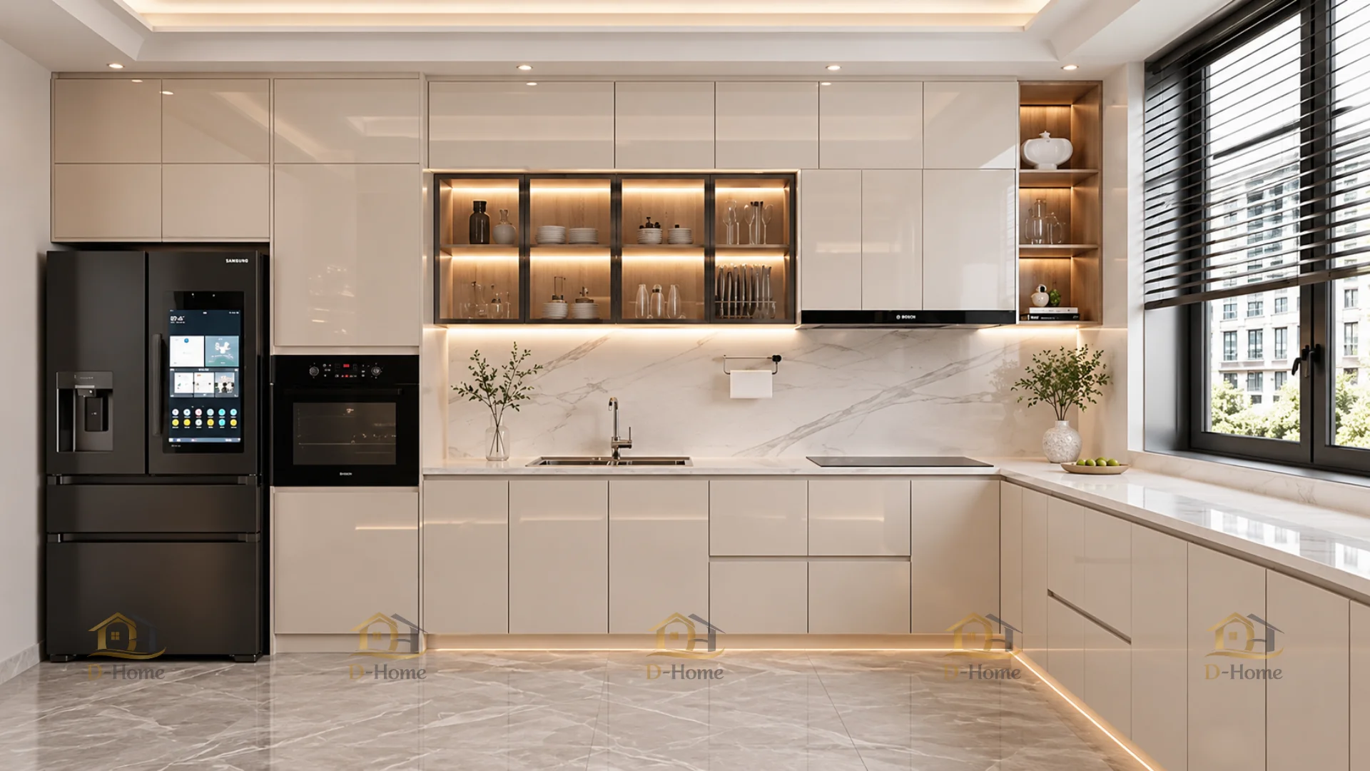 Tủ bếp Acrylic nổi bật với bề mặt phẳng, mịn và độ bóng cao giúp căn bếp có vẻ ngoài hiện đại, sang trọng