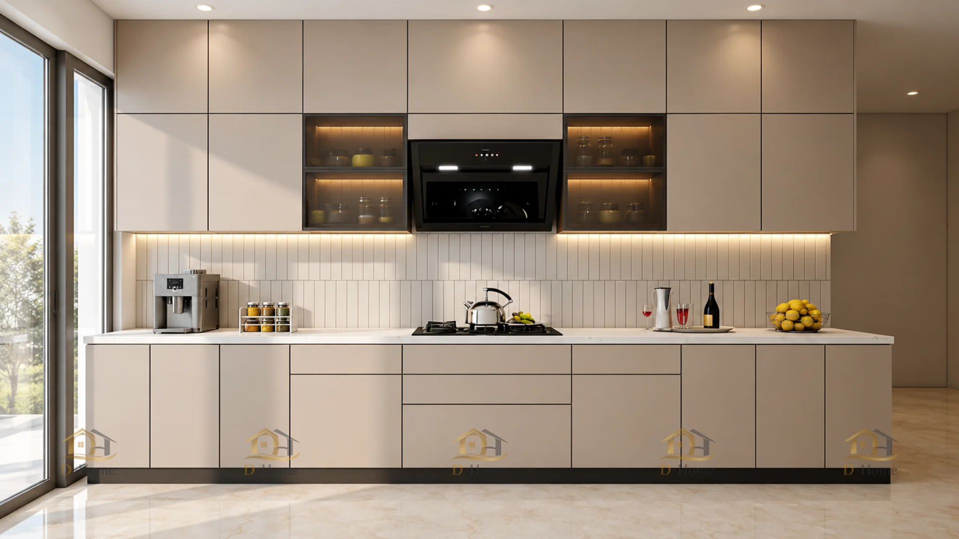 cánh tủ trên có thể dùng Acrylic để tạo cảm giác sáng, trong khi cánh tủ dưới dùng Laminate vân gỗ để tạo sự ấm áp