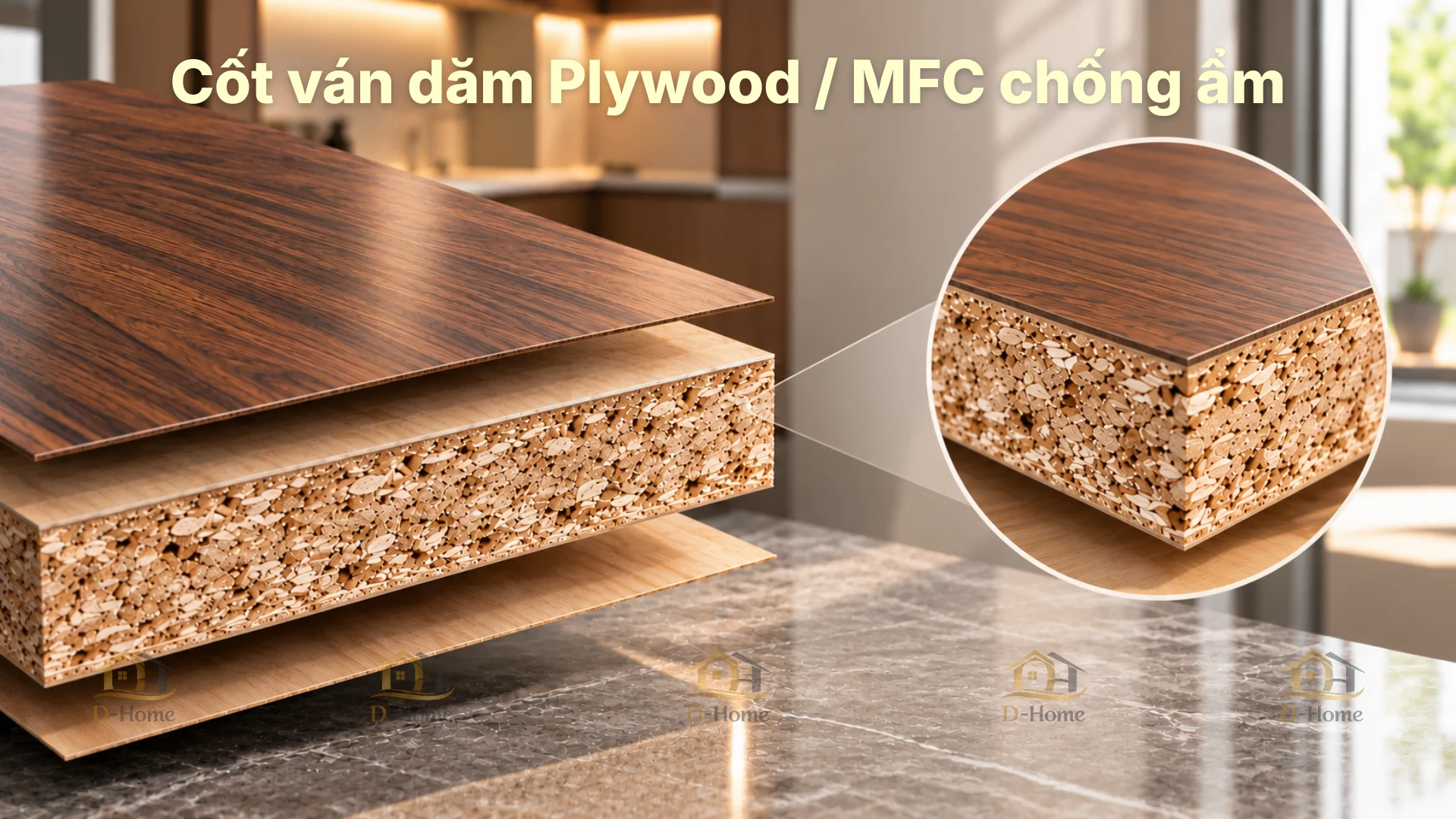 Cốt ván dăm Plywood / MFC chống ẩm: Thường dùng cho các công trình tối ưu ngân sách tối đa.