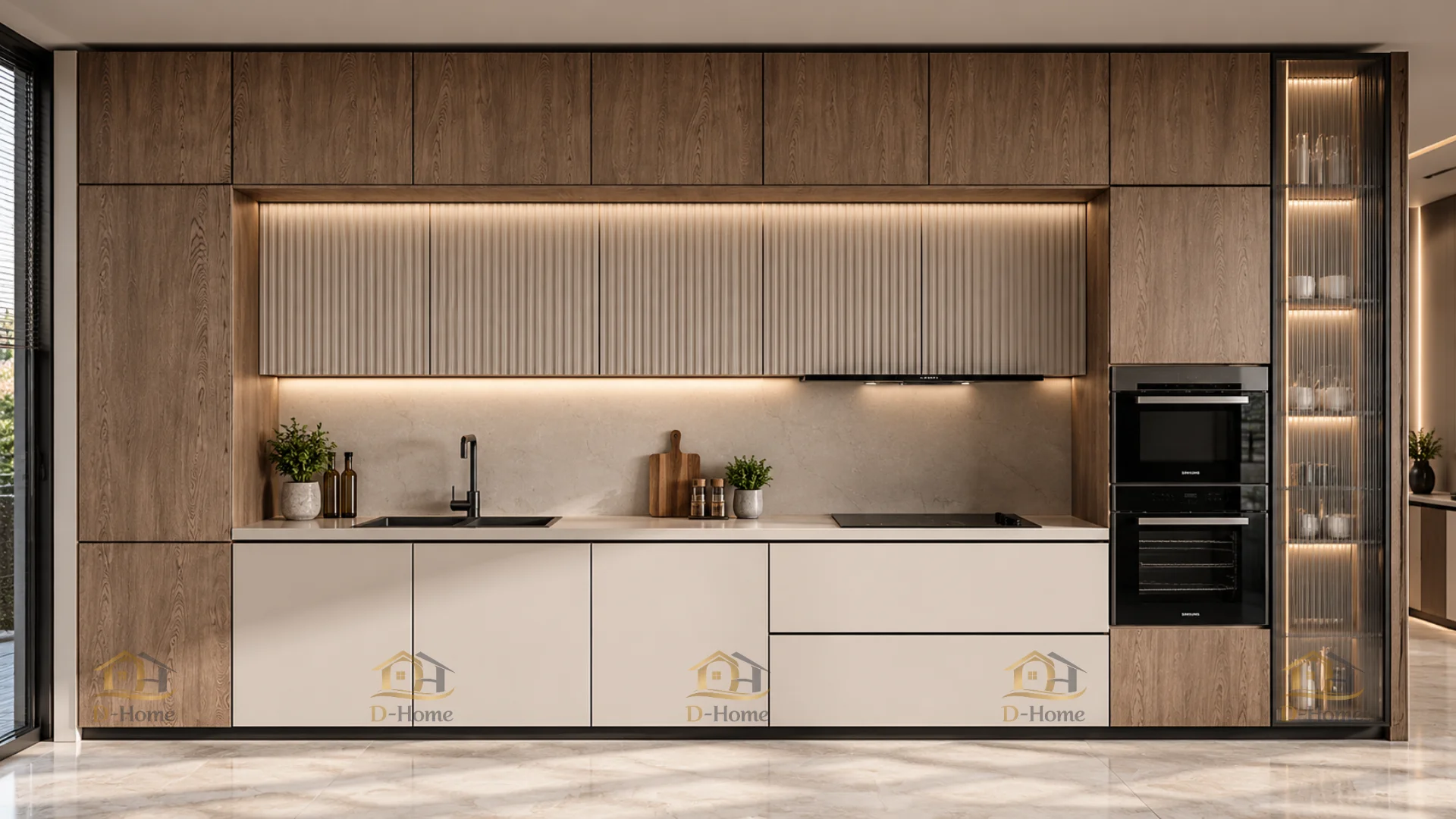 Có thể kết hợp tủ bếp trên Melamine và tủ bếp dưới Laminate để chịu lực va đập và chống xước.