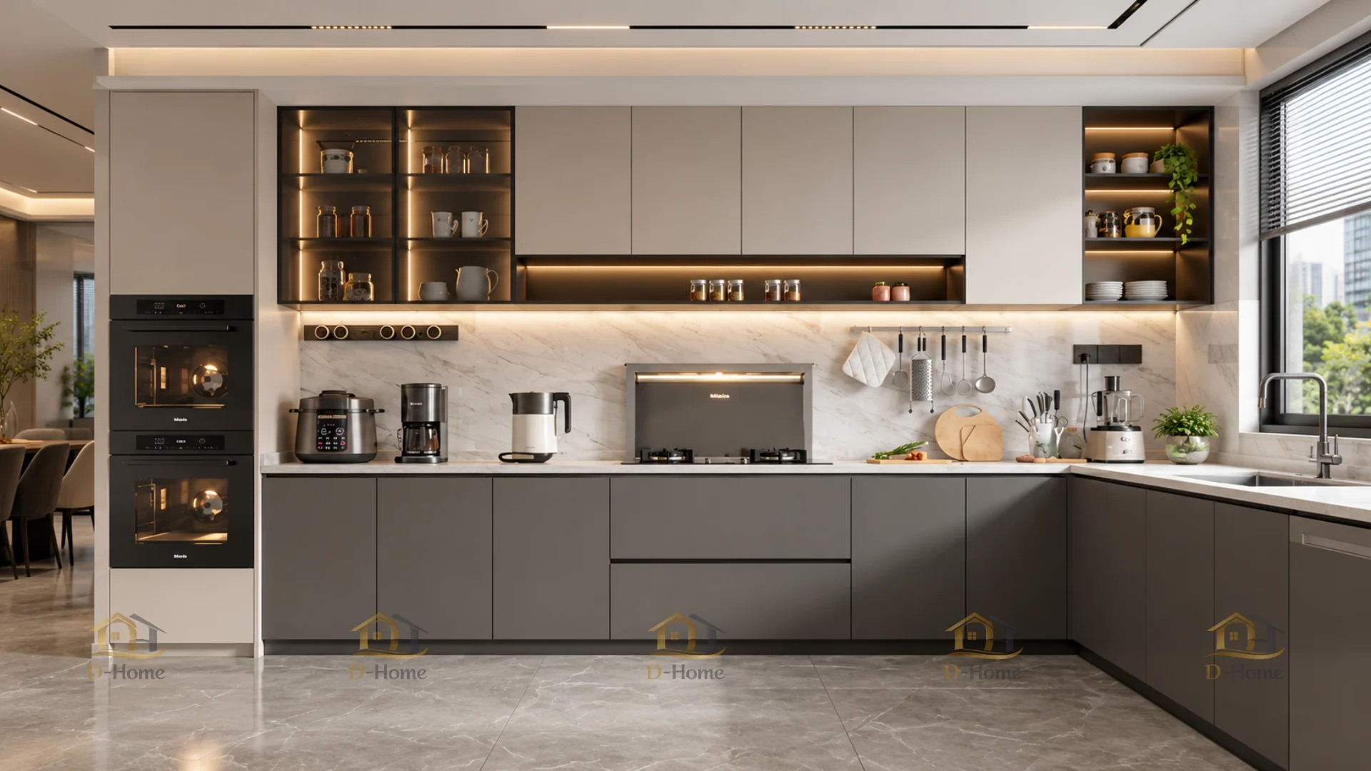 Tủ bếp Laminate chữ L màu be - xám ghi phù hợp cho gia chủ yêu thích sự hiện đại đơn giản