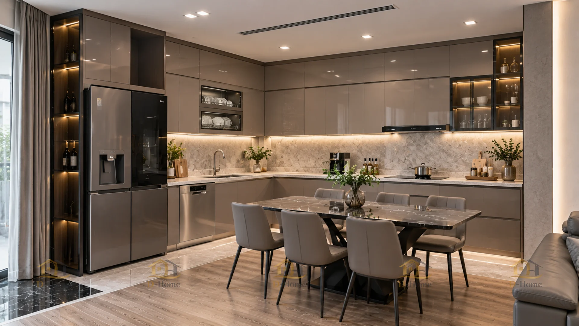 Tủ bếp nhựa PVC chữ L đẹp hiện đại chống mối mọt