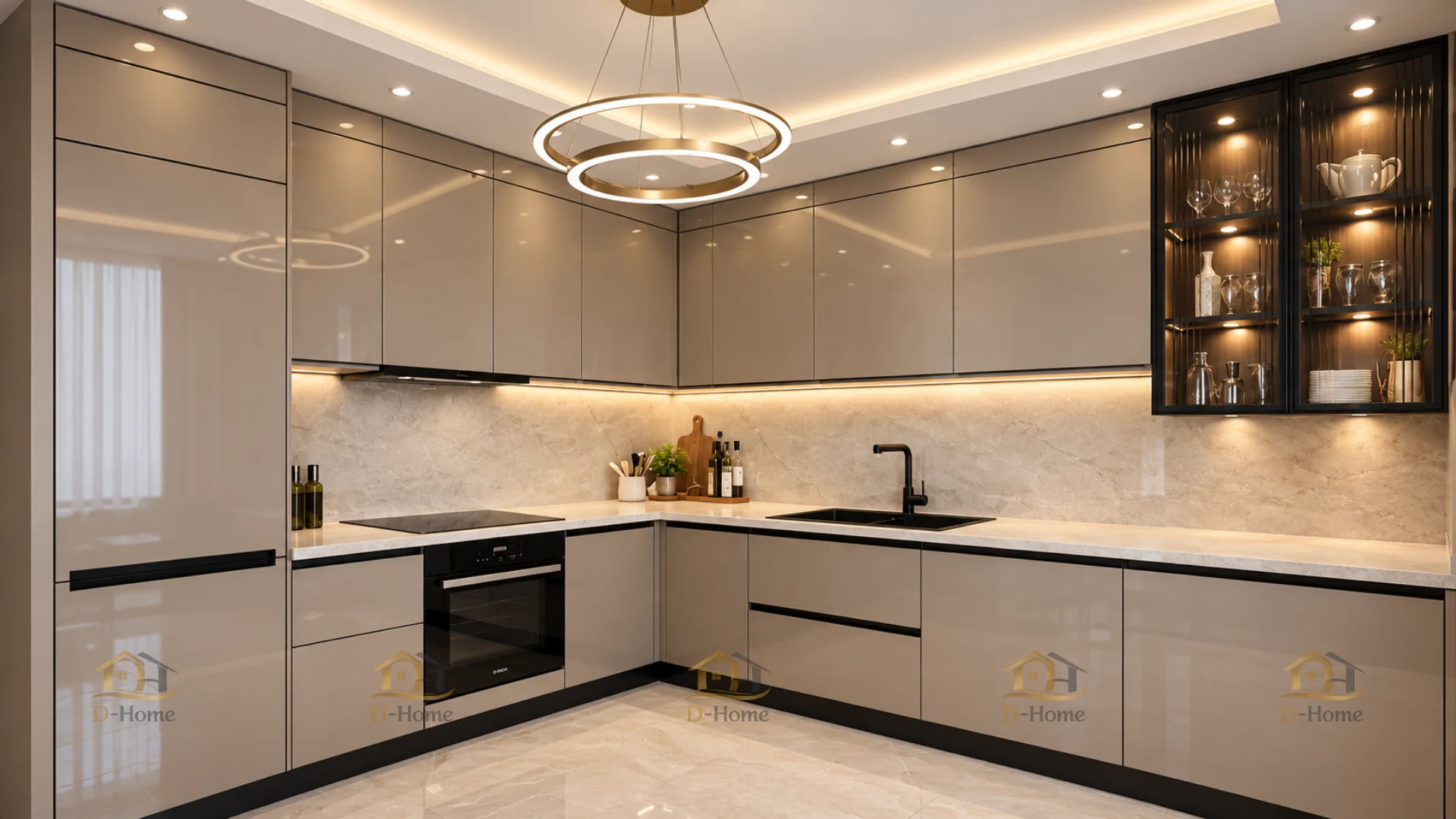 Tủ bếp MDF cánh Acrylic với độ thẩm mỹ cao với với bề mặt bóng gương bền đẹp dễ dàng lau chùi