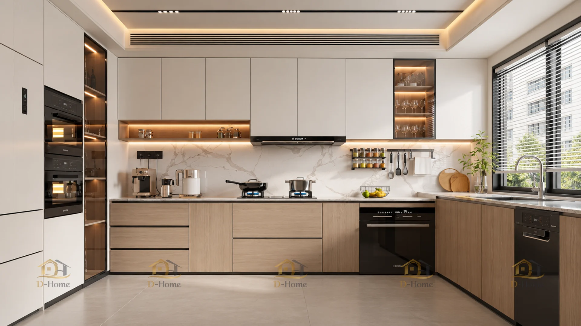 Tủ bếp gỗ công nghiệp phổ biến trong các căn hộ, nhà phố hiện đại với đa dạng màu sắc vân gỗ